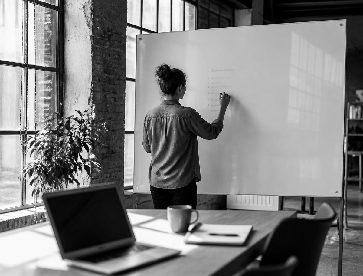 A people operations lead mapping out a plan on a whiteboard in a loft office